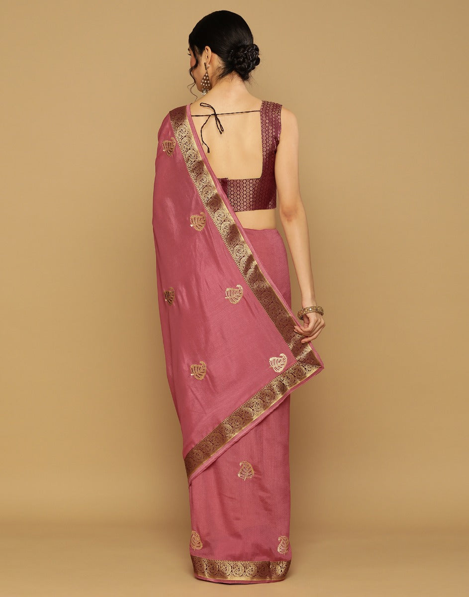 Dusty Pink Embroidered Saree | Leemboodi