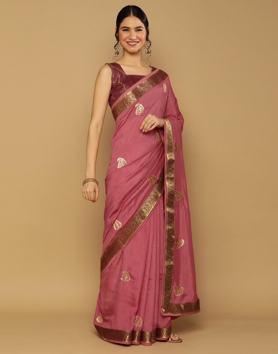 Dusty Pink Embroidered Saree | Leemboodi