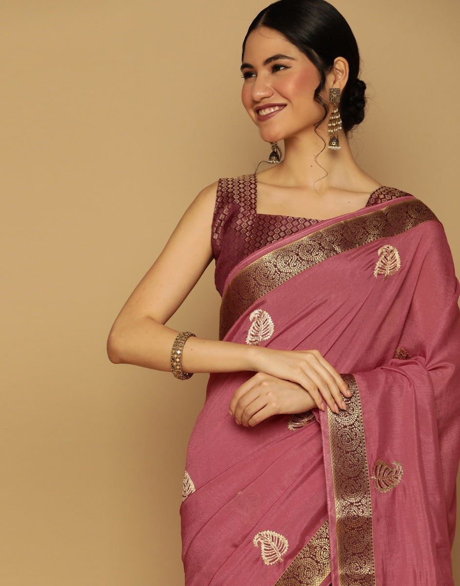 Dusty Pink Embroidered Saree | Leemboodi