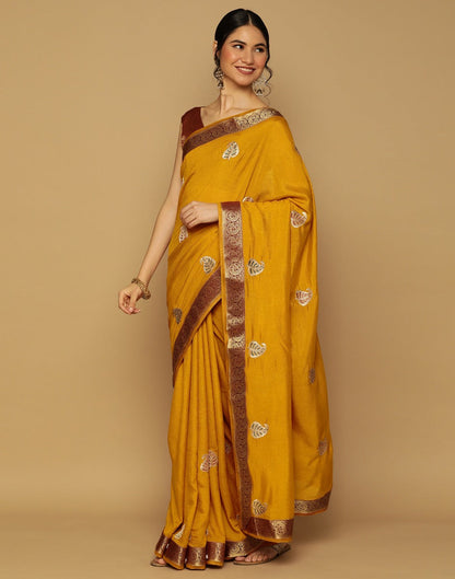 Mustard Yellow Embroidered Saree | Leemboodi