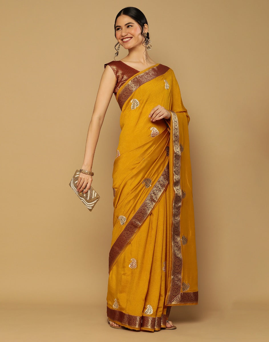Mustard Yellow Embroidered Saree | Leemboodi