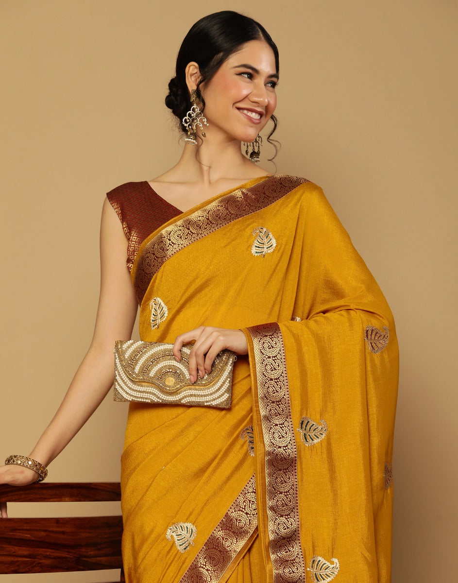 Mustard Yellow Embroidered Saree | Leemboodi