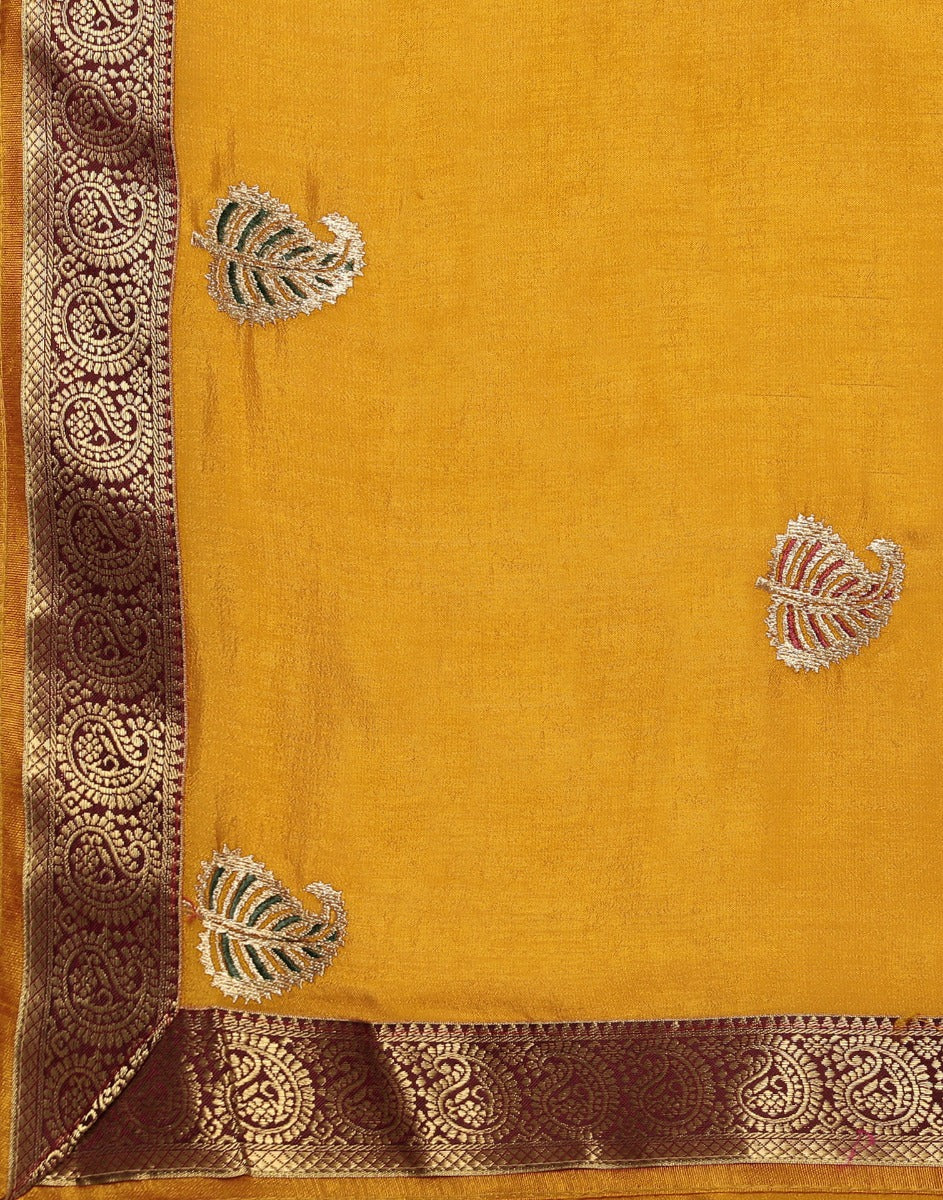 Mustard Yellow Embroidered Saree | Leemboodi