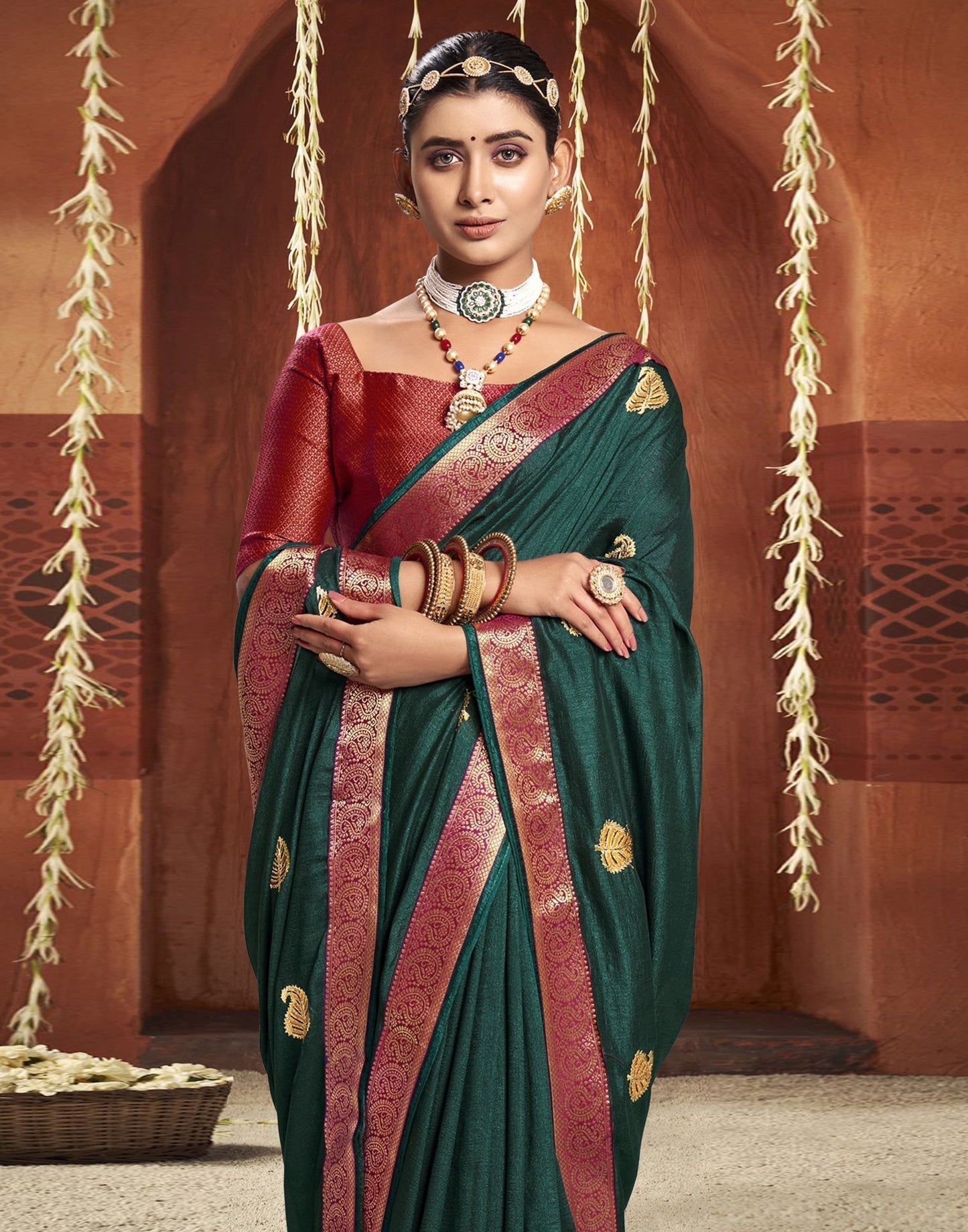 Dark Green Embroidered Saree | Leemboodi
