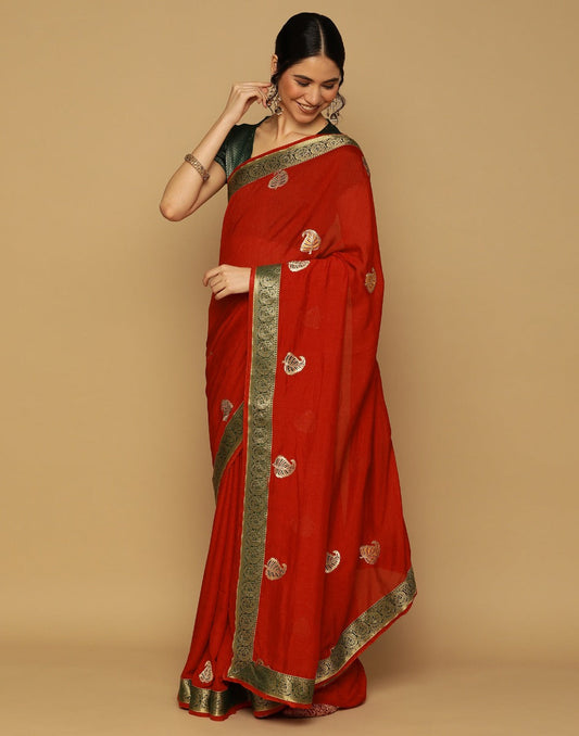 Red Embroidered Saree | Leemboodi