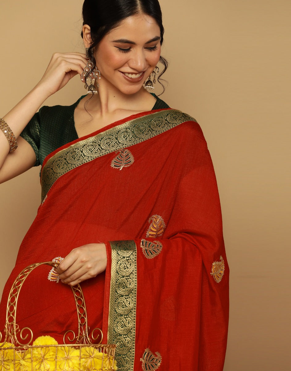 Red Embroidered Saree | Leemboodi