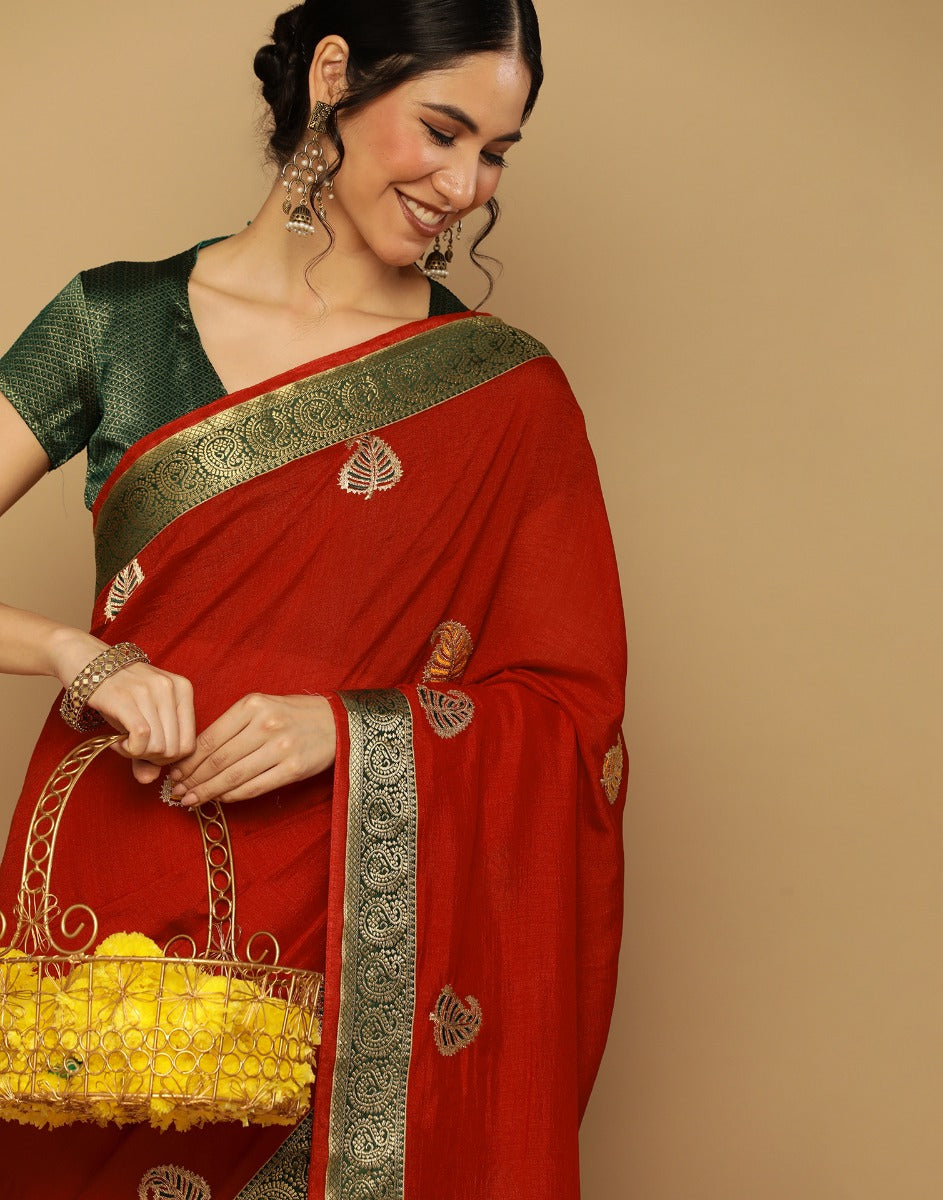 Red Embroidered Saree | Leemboodi