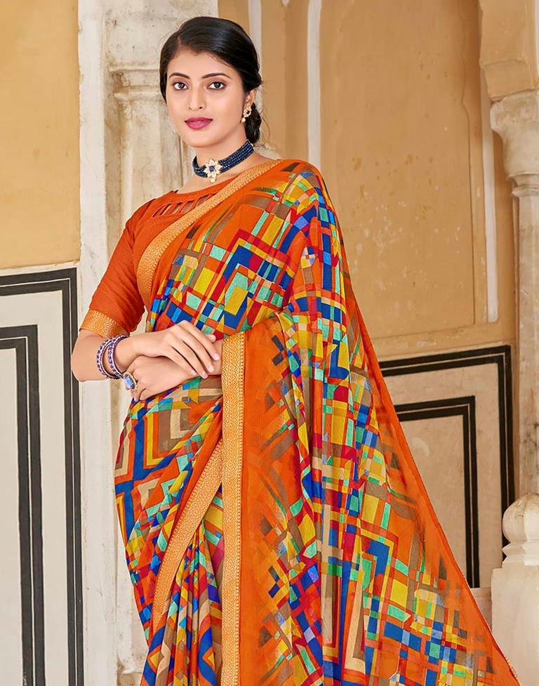 Orange And Multicolour Geometric Printed Saree | Leemboodi