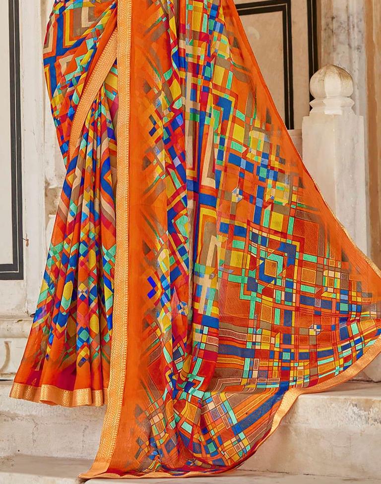 Orange And Multicolour Geometric Printed Saree | Leemboodi