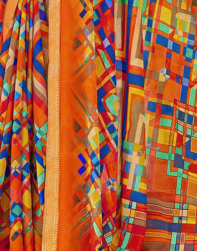 Orange And Multicolour Geometric Printed Saree | Leemboodi