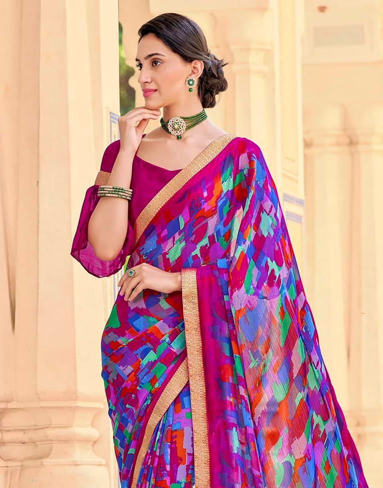 Hot Pink And Multicolour Geometric Printed Saree | Leemboodi