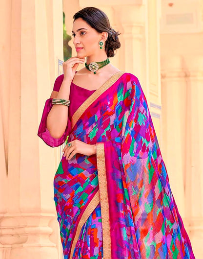 Hot Pink And Multicolour Geometric Printed Saree | Leemboodi