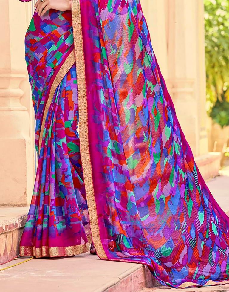 Hot Pink And Multicolour Geometric Printed Saree | Leemboodi