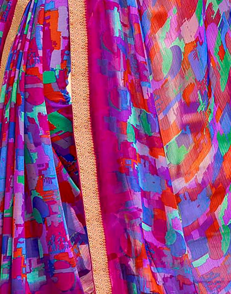 Hot Pink And Multicolour Geometric Printed Saree | Leemboodi