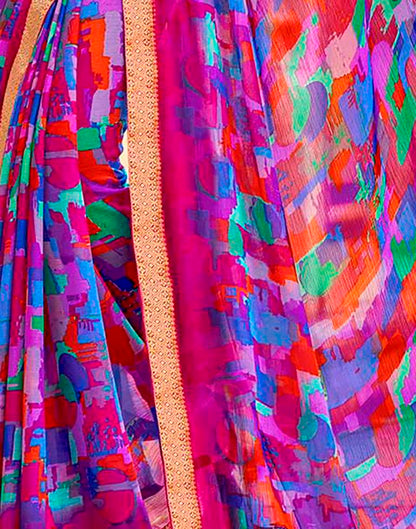 Hot Pink And Multicolour Geometric Printed Saree | Leemboodi