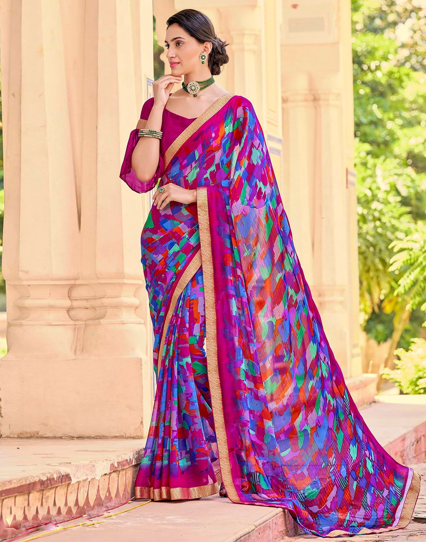 Hot Pink And Multicolour Geometric Printed Saree | Leemboodi