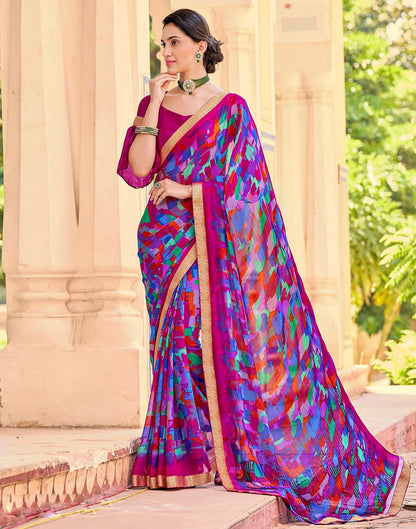 Hot Pink And Multicolour Geometric Printed Saree | Leemboodi