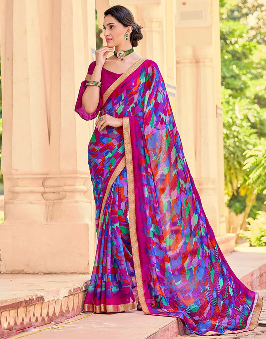 Hot Pink And Multicolour Geometric Printed Saree | Leemboodi