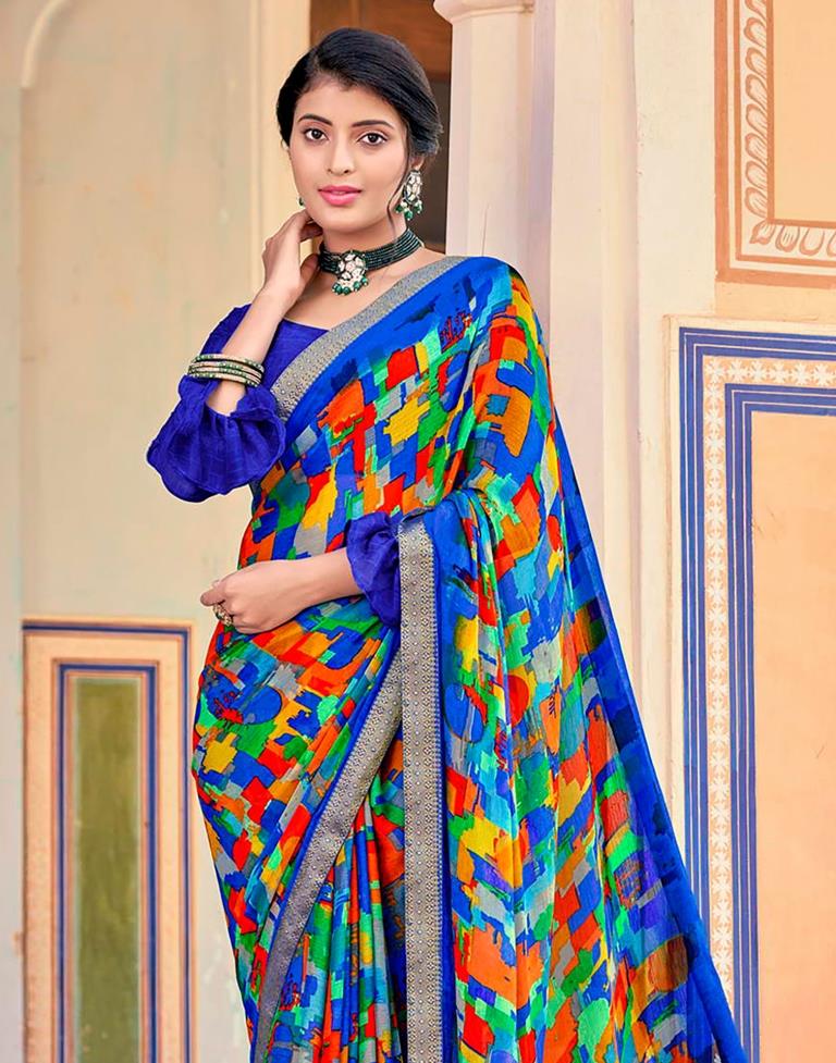 Blue And Multicolour Geometric Printed Saree | Leemboodi