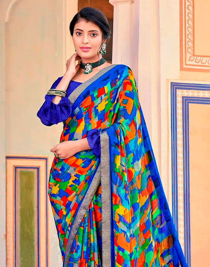 Blue And Multicolour Geometric Printed Saree | Leemboodi