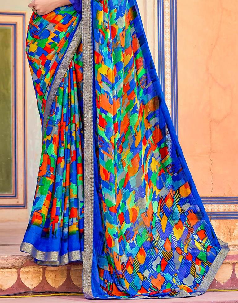 Blue And Multicolour Geometric Printed Saree | Leemboodi