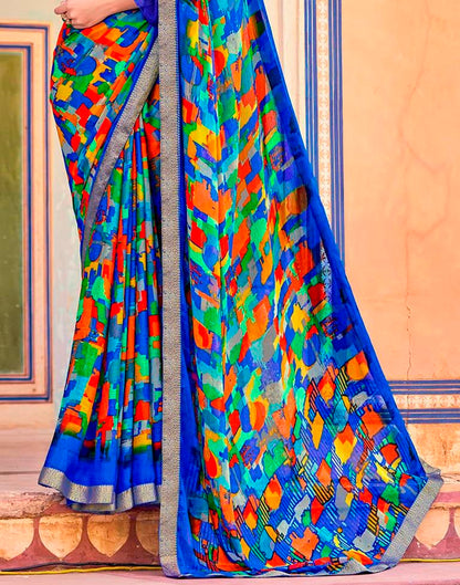 Blue And Multicolour Geometric Printed Saree | Leemboodi