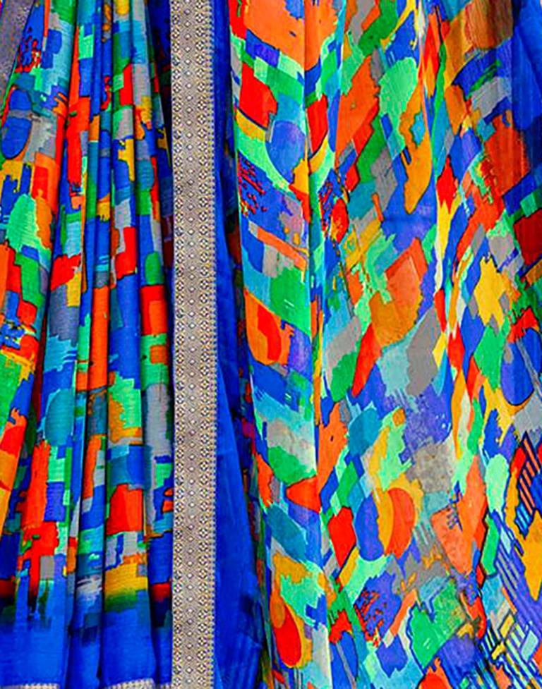 Blue And Multicolour Geometric Printed Saree | Leemboodi
