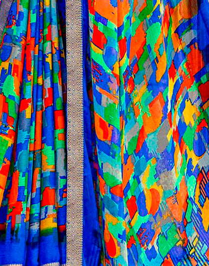 Blue And Multicolour Geometric Printed Saree | Leemboodi