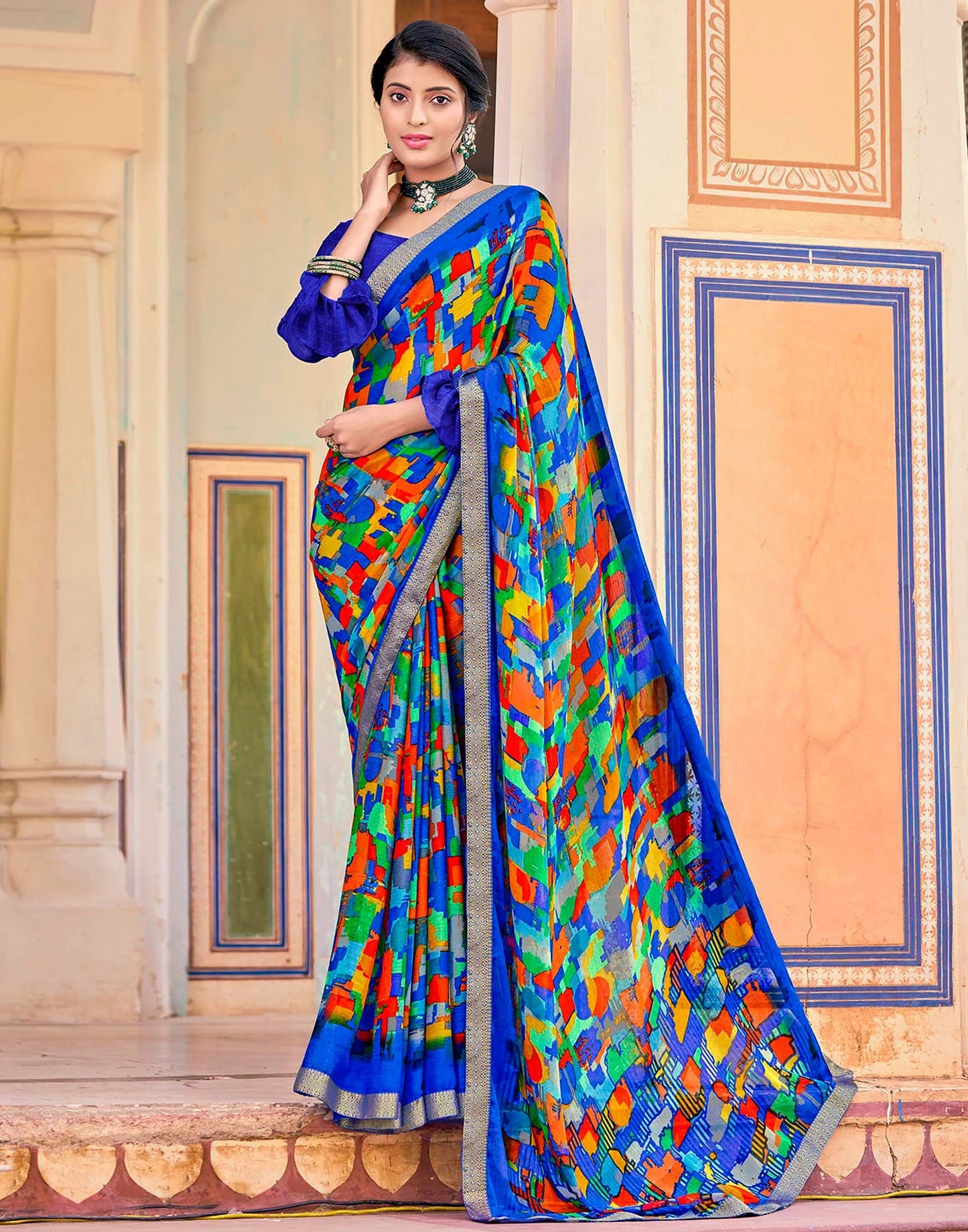 Blue And Multicolour Geometric Printed Saree | Leemboodi
