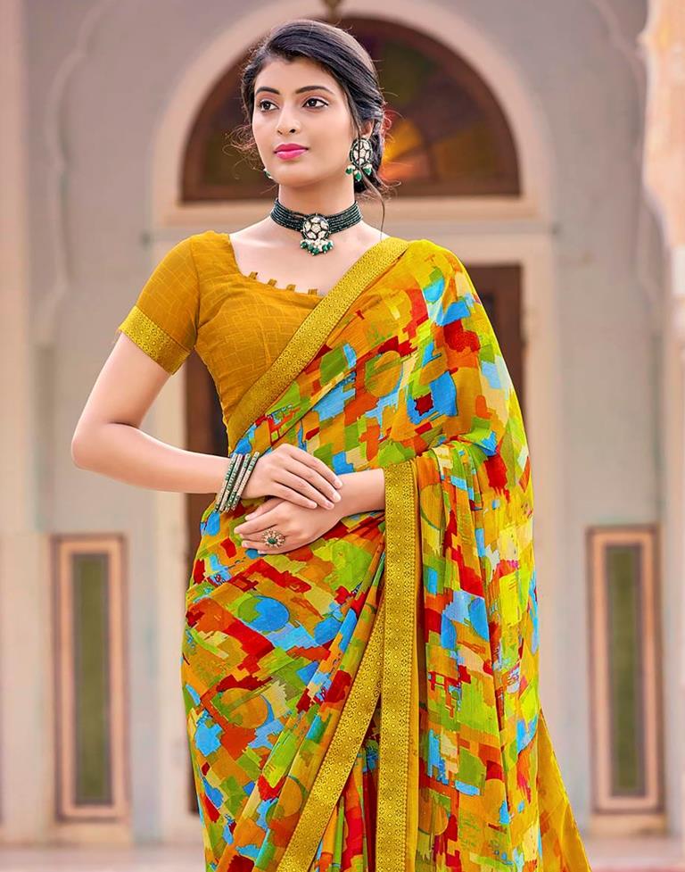 Mustard Yellow And Multicolour Geometric Printed Saree | Leemboodi