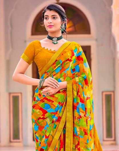 Mustard Yellow And Multicolour Geometric Printed Saree | Leemboodi