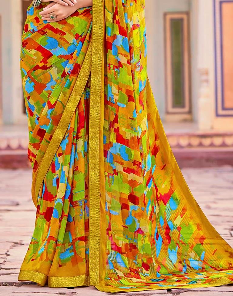 Mustard Yellow And Multicolour Geometric Printed Saree | Leemboodi