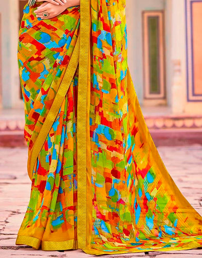 Mustard Yellow And Multicolour Geometric Printed Saree | Leemboodi