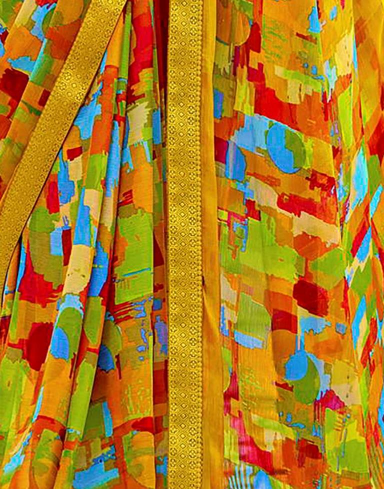 Mustard Yellow And Multicolour Geometric Printed Saree | Leemboodi
