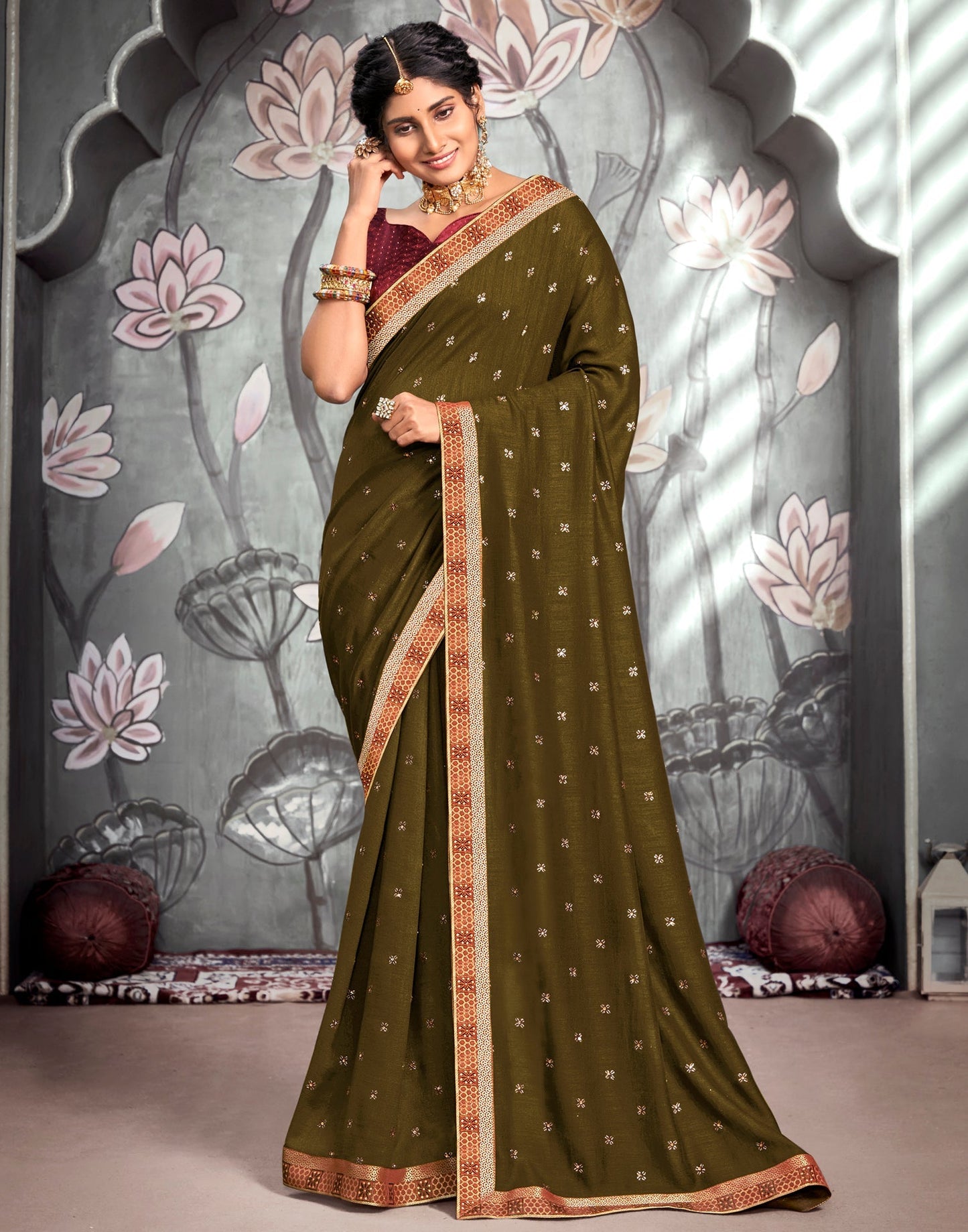 Dark Olive Green Printed Saree | Sudathi