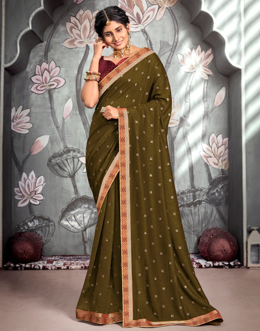 Dark Olive Green Printed Saree | Sudathi