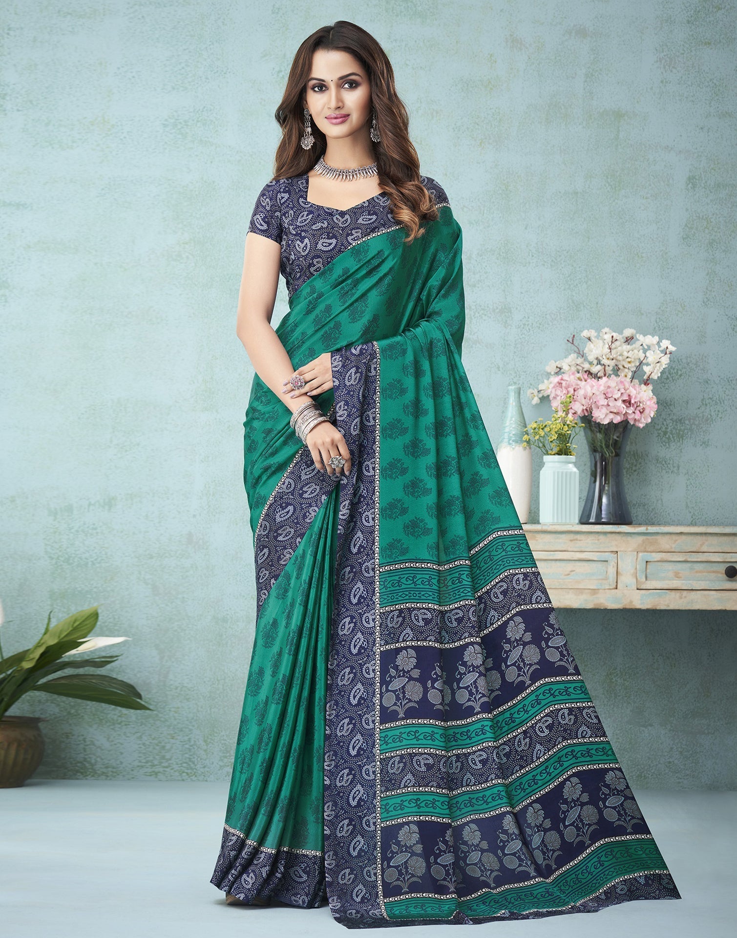 Teal Green Printed Saree | Leemboodi