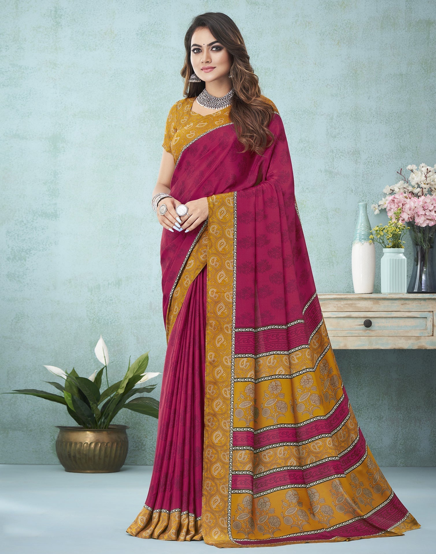 Hot Pink Printed Saree | Leemboodi