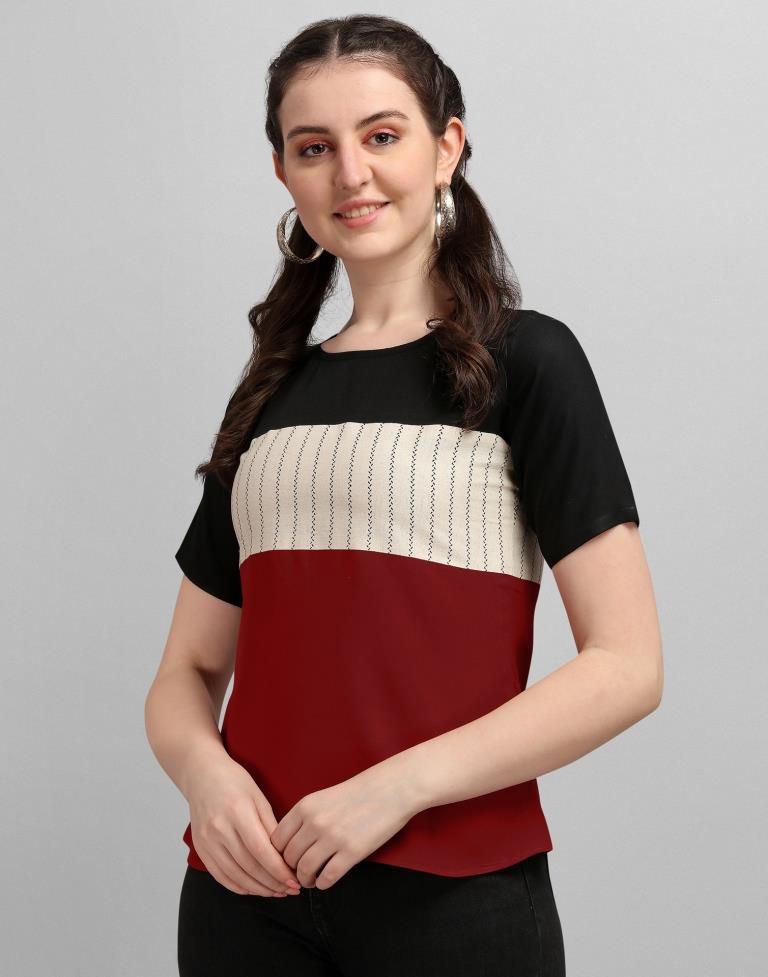 Black And Beige Colored Rayon Colour Block Top | Sudathi