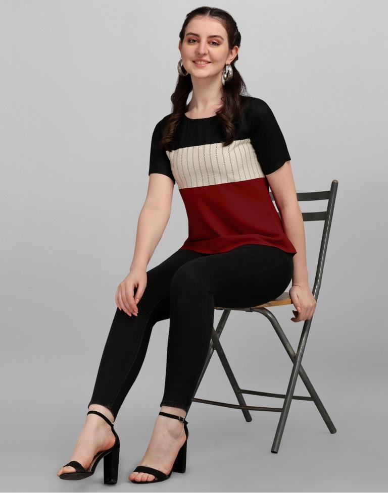 Black And Beige Colored Rayon Colour Block Top | Sudathi