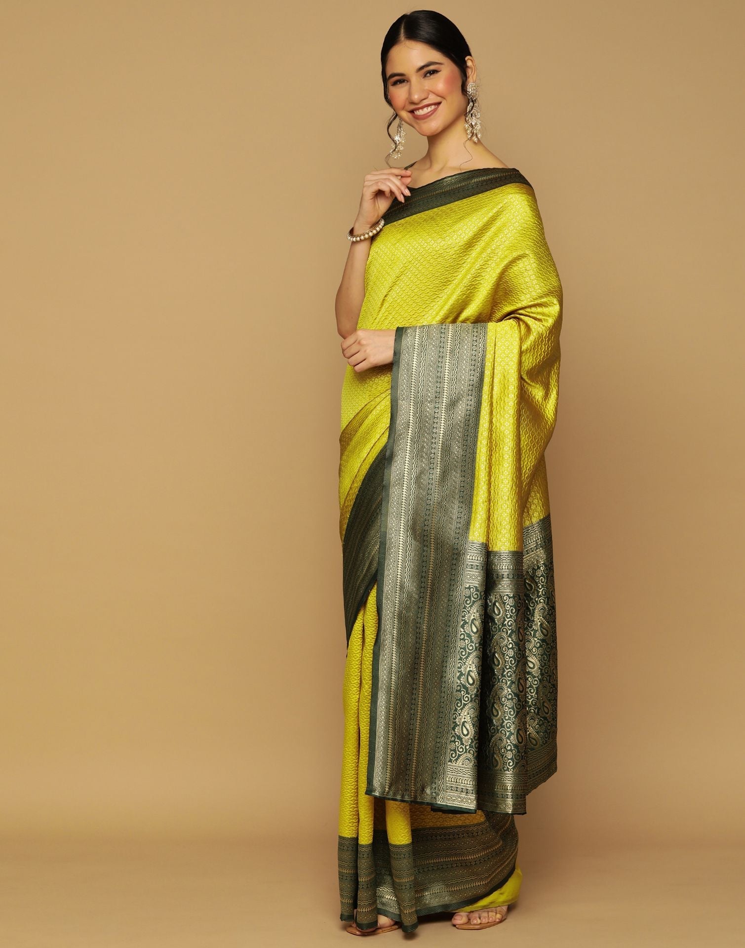 Lime Green Kanjivaram Jacquard Saree | Sudathi