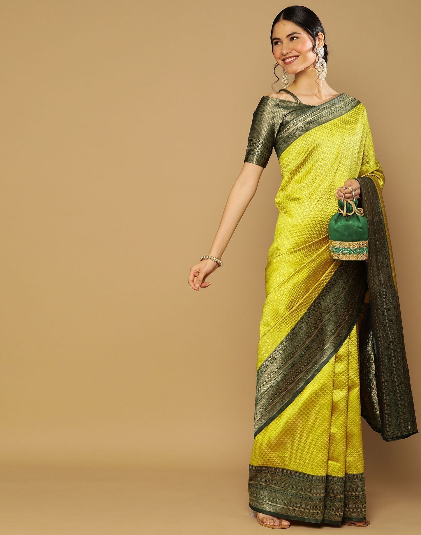 Lime Green Kanjivaram Jacquard Saree | Sudathi