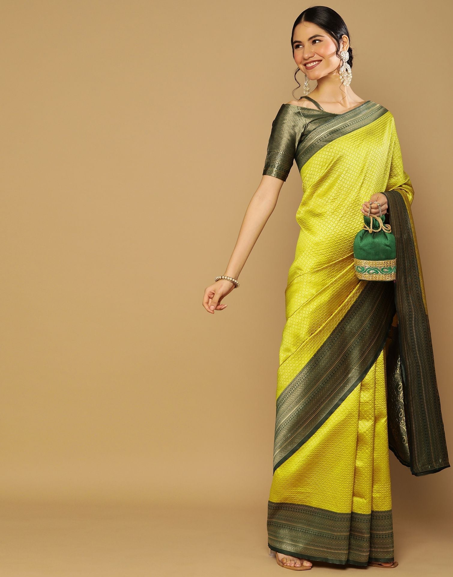 Lime Green Kanjivaram Jacquard Saree | Sudathi