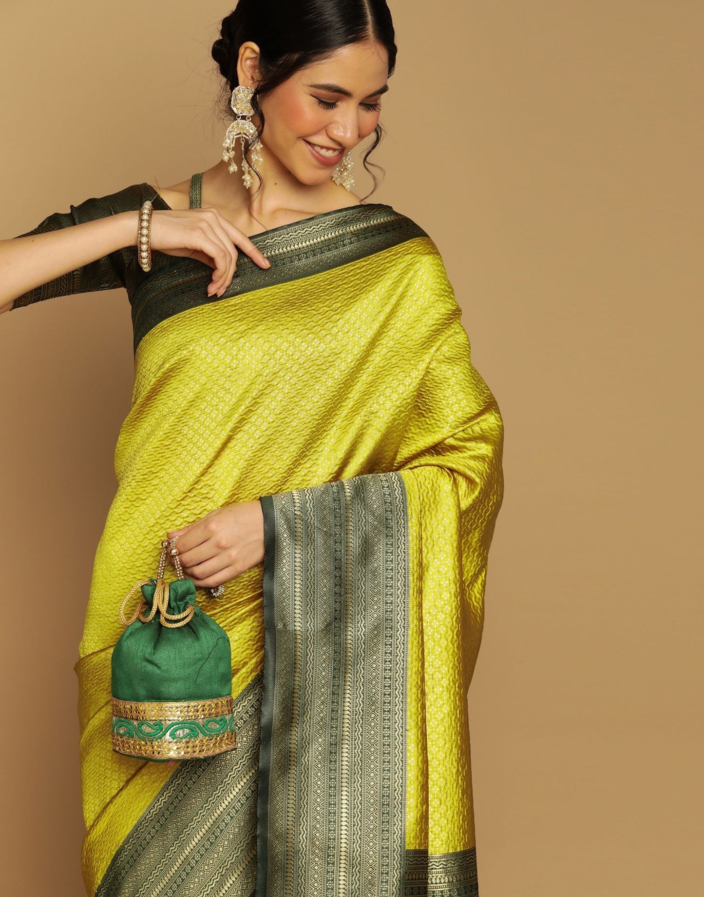 Lime Green Kanjivaram Jacquard Saree | Sudathi