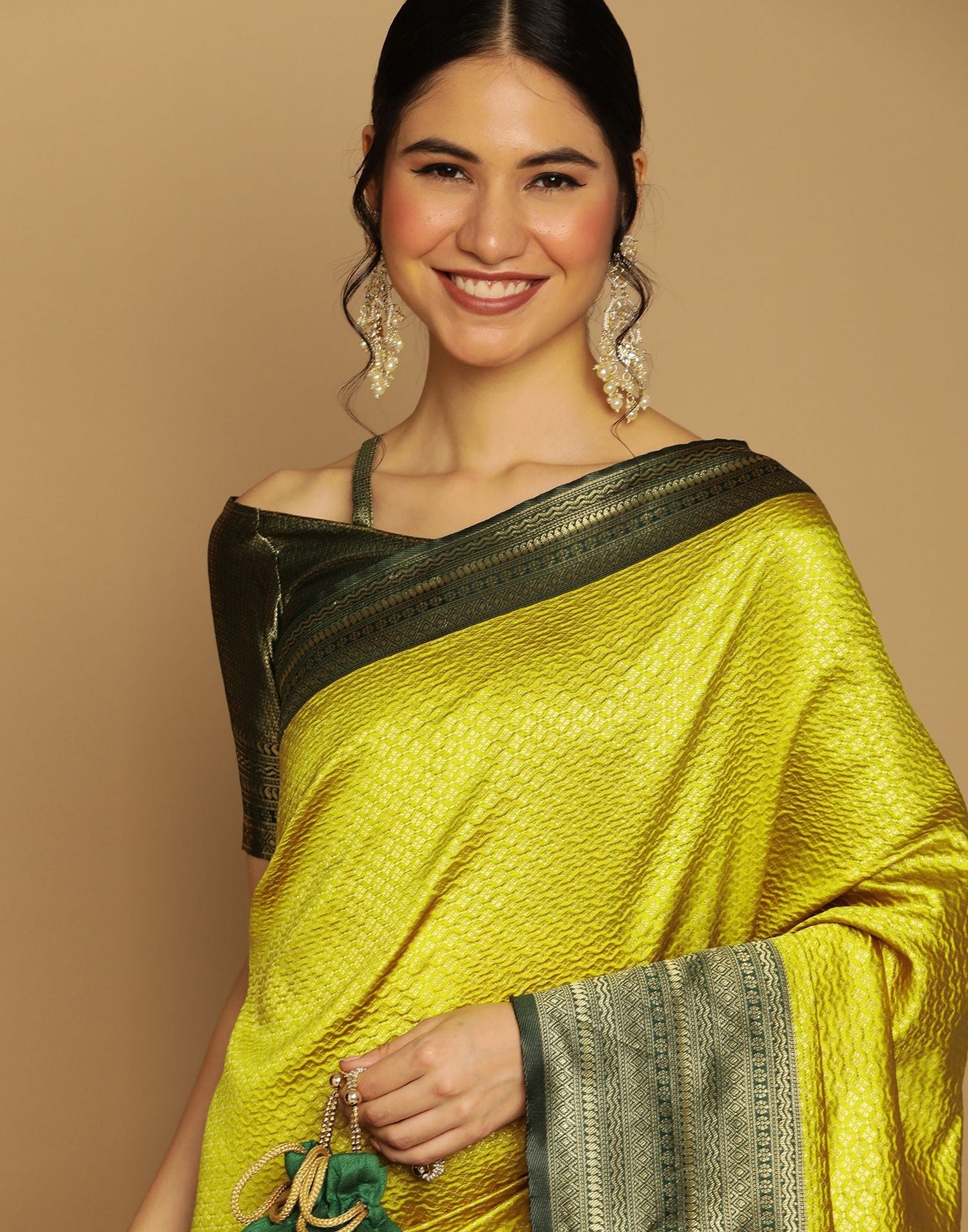 Lime Green Kanjivaram Jacquard Saree | Sudathi