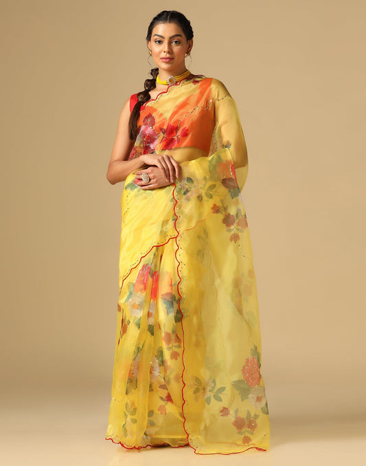 Yellow Organza Sequence Saree | Leemboodi