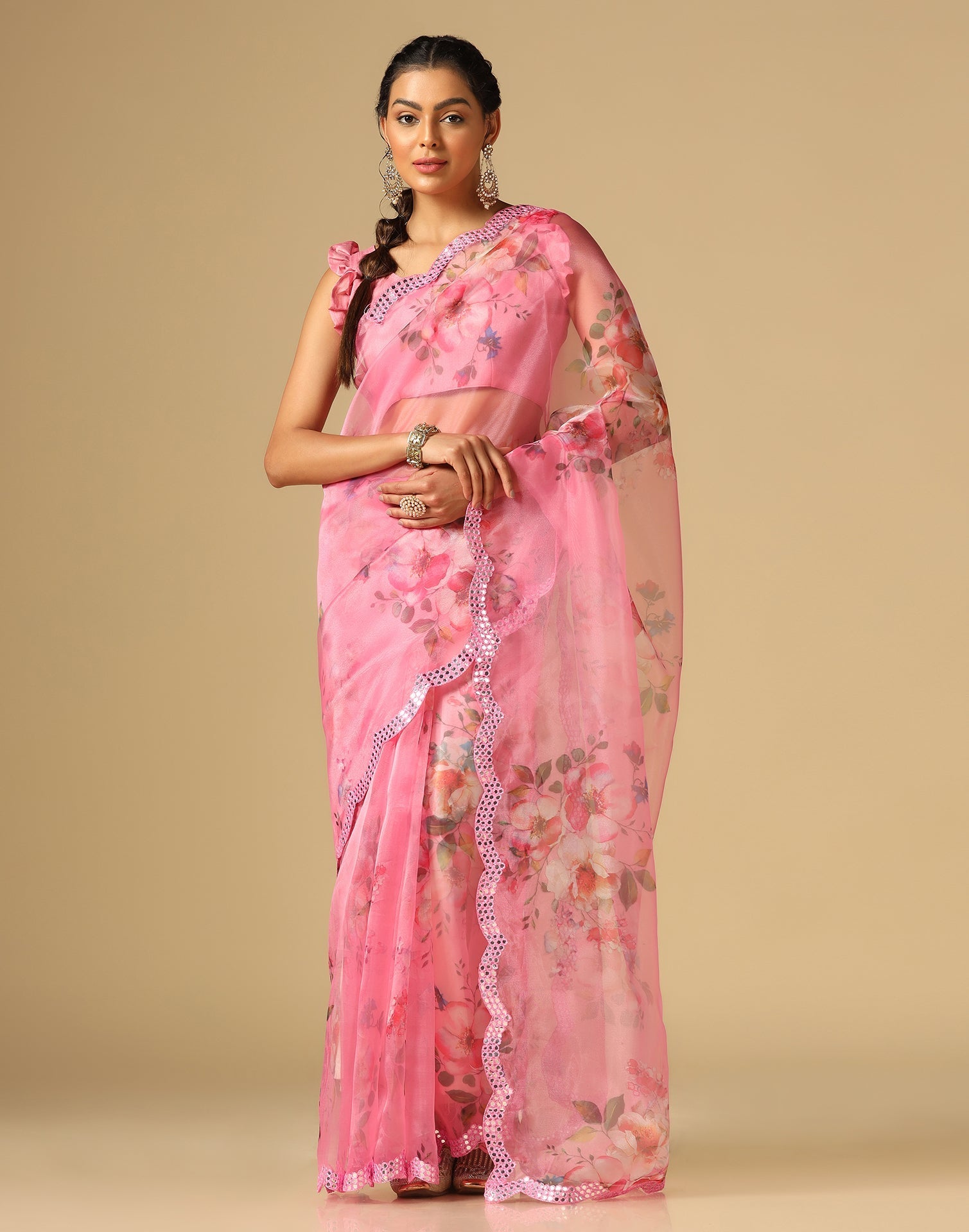 Light Pink Organza Printed Saree | Leemboodi