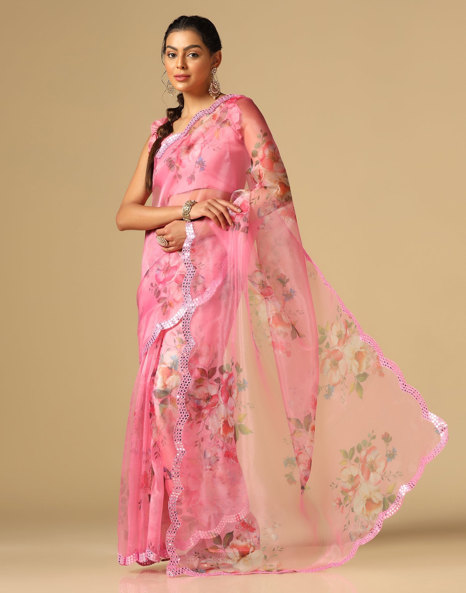 Light Pink Organza Printed Saree | Leemboodi