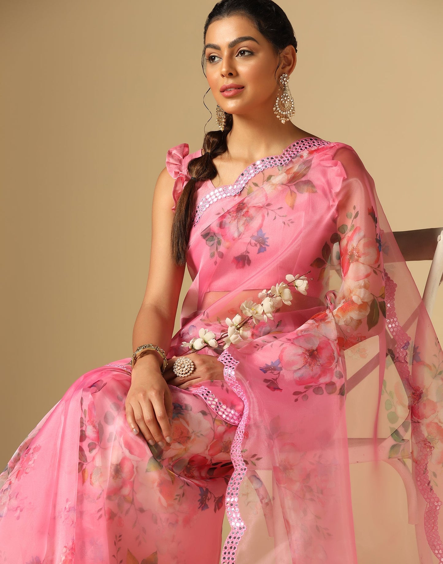 Light Pink Organza Printed Saree | Leemboodi