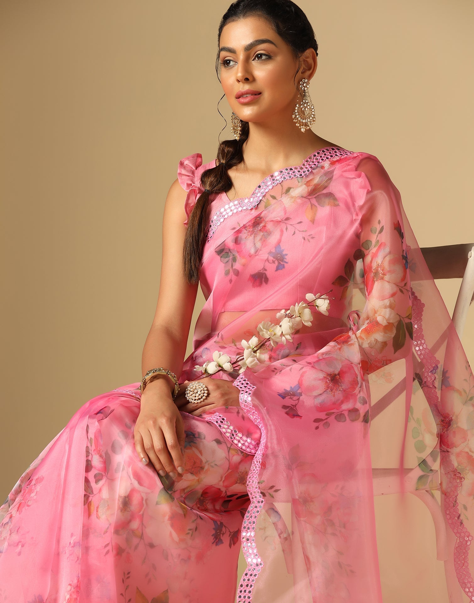 Light Pink Organza Printed Saree | Leemboodi